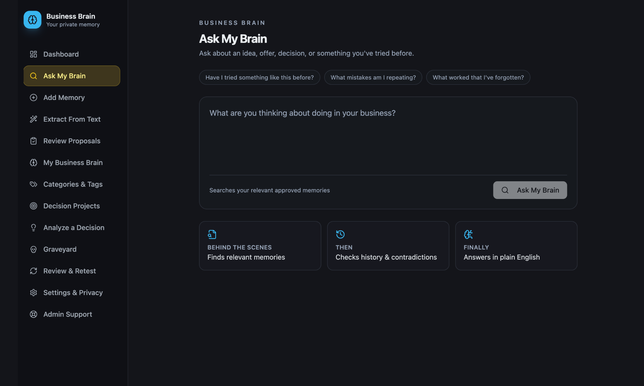 Actual Ask My Brain screen with example questions and the ask field