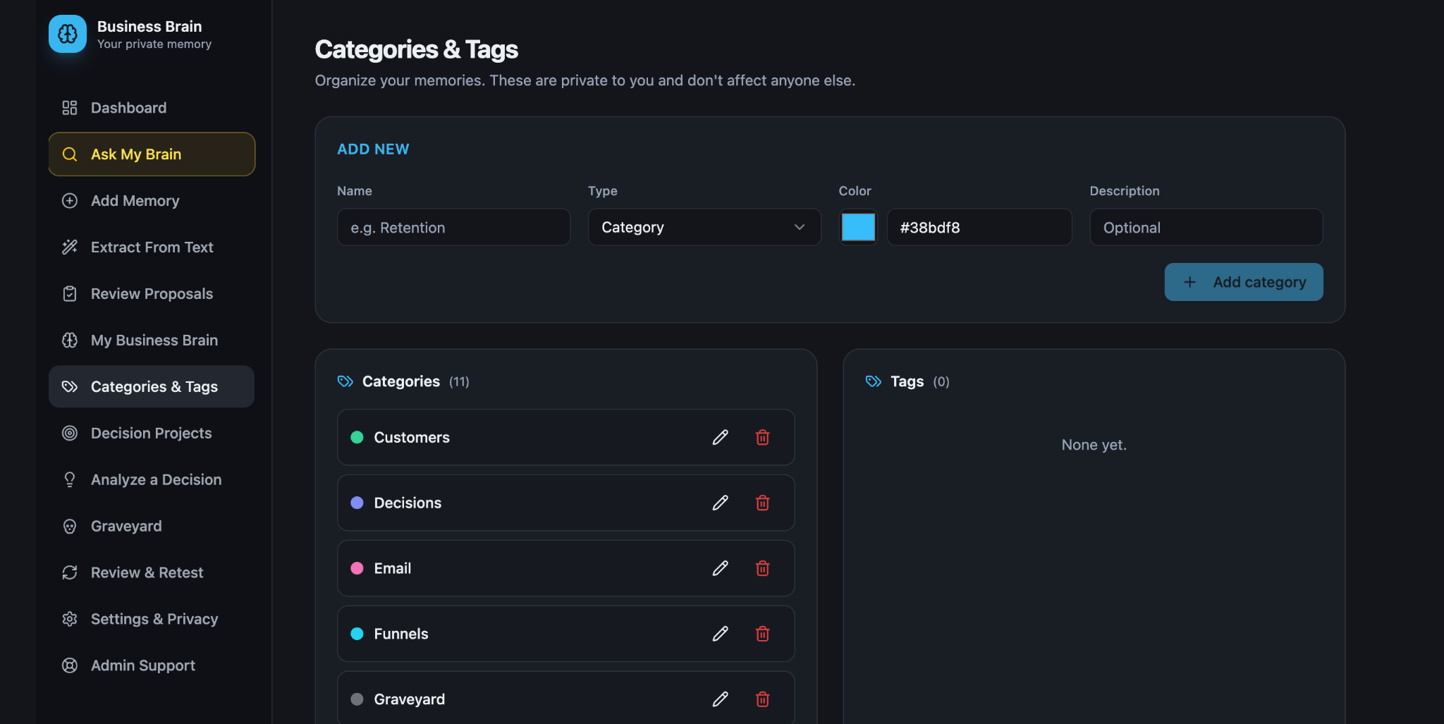 Actual Categories and Tags screen with editable categories