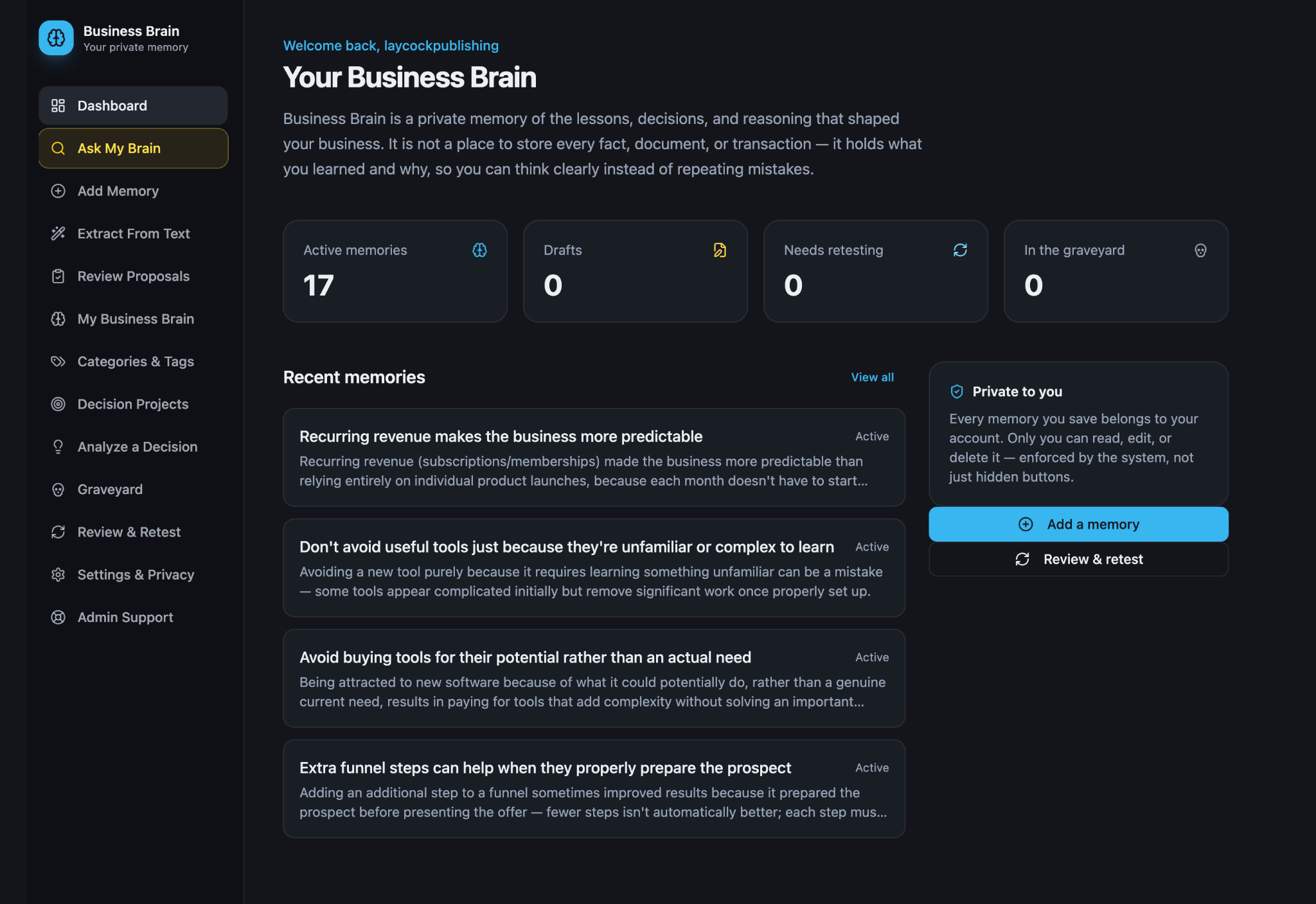 Actual Business Brain dashboard showing active memories and recent lessons