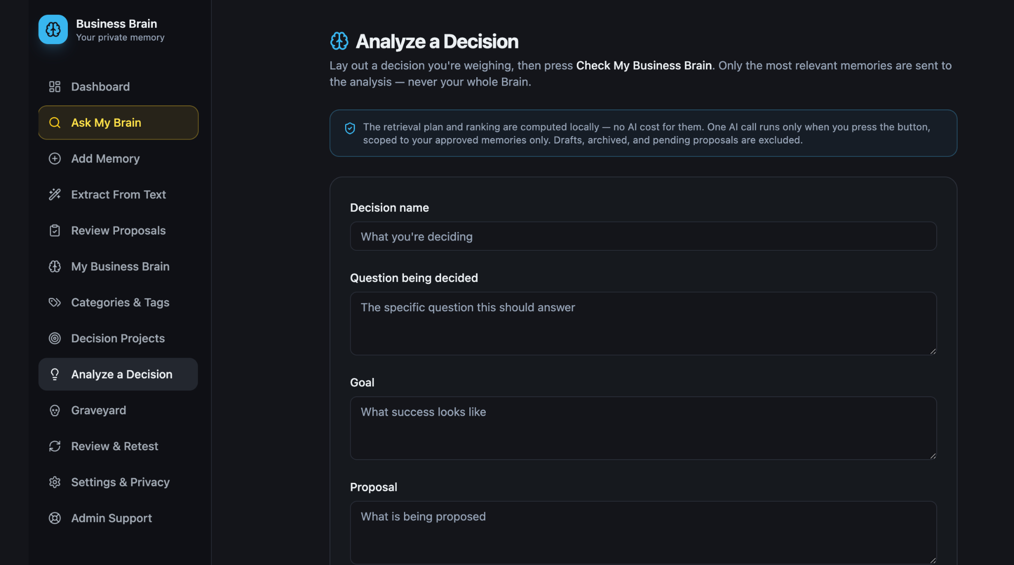 Actual Analyze a Decision form showing decision name, question, goal and proposal