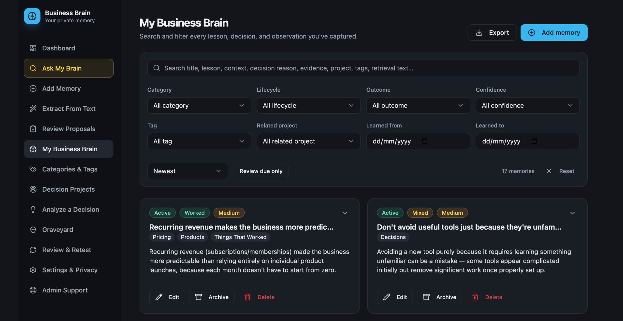 Actual My Business Brain screen showing search filters and saved memory cards